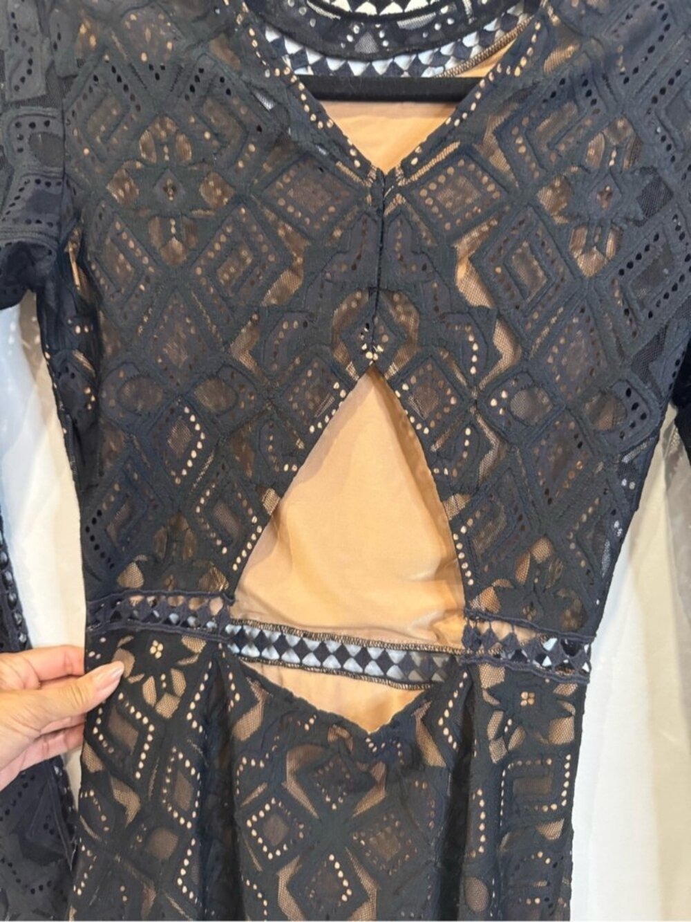 For Love & Lemons Black Lace Mini Dress XS Nude Illusion Long Sleeve 0813 - Picture 6 of 11